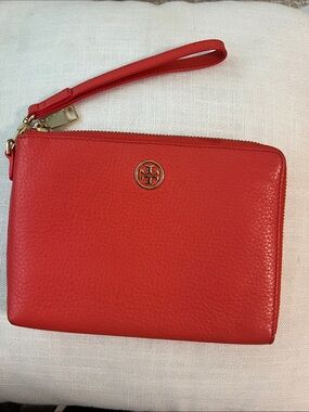 Tory Burch Red Pebbled Leather Wristlet with Gold Logo